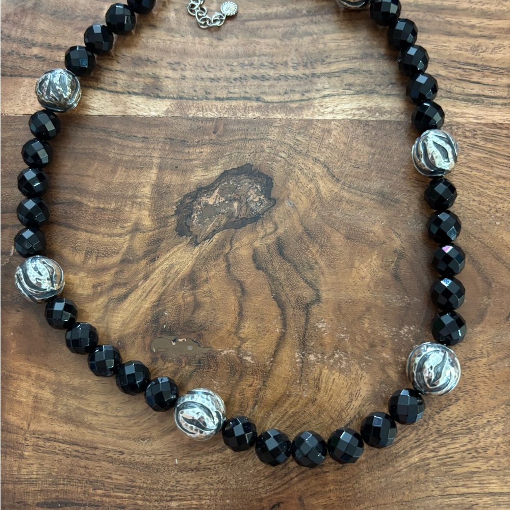 John Hardy Jai  Black Faceted onyx Bead Necklace Sterling silver Tiger striped